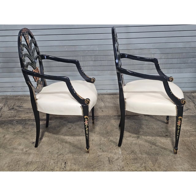 Late 20th Century Pair of Karges Hepplewhite Plum Arm Chairs Ebonized, Carved Hand Painted Leather Fabric For Sale - Image 12 of 14