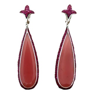 Rose Quartz Ruby 18k White Gold Drop Dangle Earrings- Set of 2 For Sale