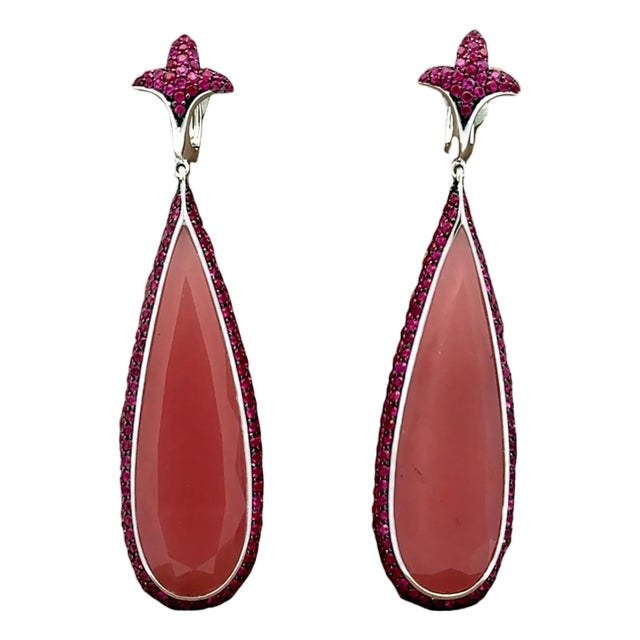 Rose Quartz Ruby 18k White Gold Drop Dangle Earrings- Set of 2 For Sale