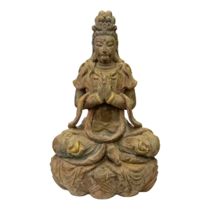 Rustic Wood Sitting Bodhisattva Kwan Yin Tara Buddha Statue Ws3066