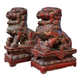 Pair of Carved Wood Chinese Foo Lions, 10" Tall, 20th Century For Sale