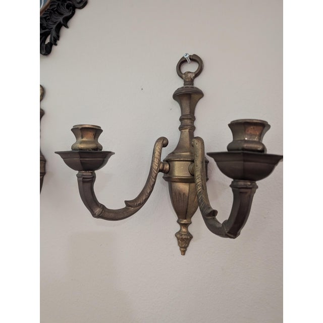 Vintage Pair of Brass Double Arm Wall Candle Scones - a Pair For Sale - Image 4 of 12