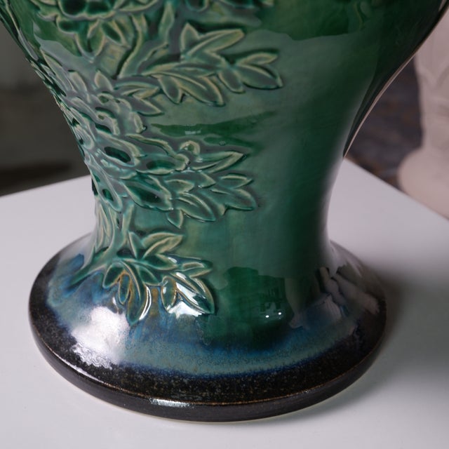 2020s Hand-Carved Chrysanthemum Vase in Emerald Glaze by Pottery 12, Hanoi Studio Art Ceramic For Sale - Image 5 of 5