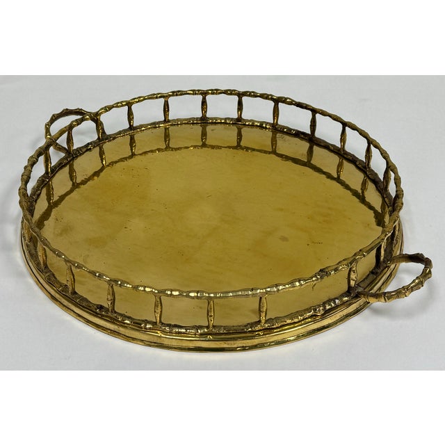Mid 20th Century Vintage Round Brass Faux Bamboo Rail Gallery Tray For Sale - Image 5 of 7