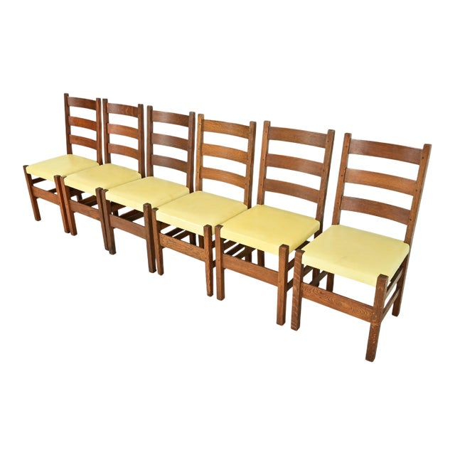 Gustav Stickley Antique Mission Oak Arts & Crafts Ladder Back Dining Chairs, Set of Six For Sale