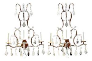 Extraordinary Pair Italian Neoclassical Rock Crystal Three-Light Wall Sconces