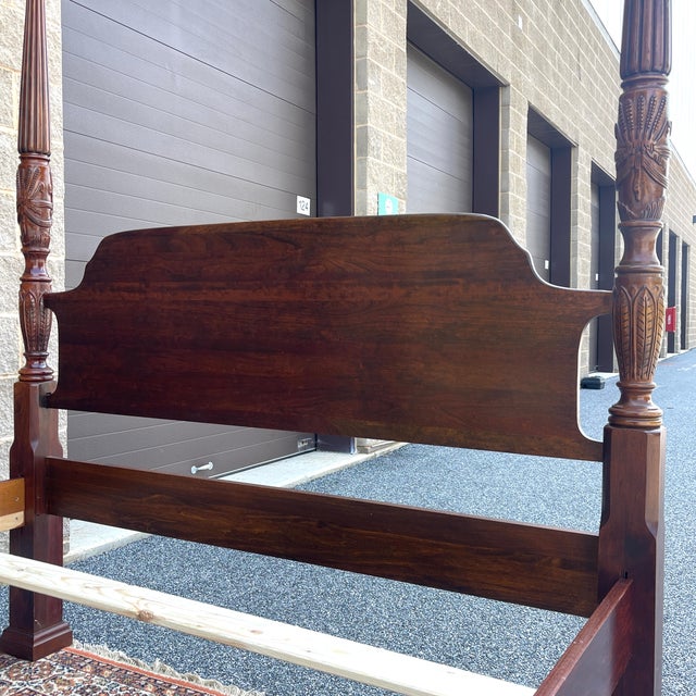 Ethan Allen Vintage Crescent Furniture Traditional Mahogany Queen Rice Carved Poster Bed For Sale - Image 4 of 11