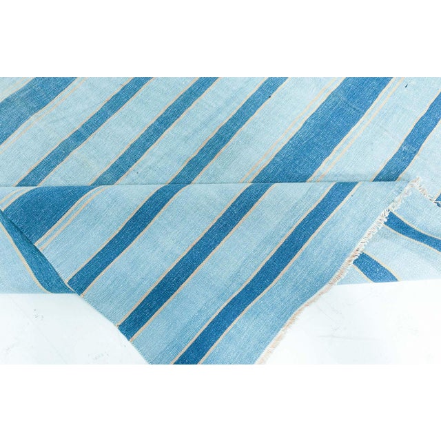 Mid 20th Century Doris Leslie Blau Vintage Indian Dhurrie Striped Blue Rug For Sale - Image 5 of 7