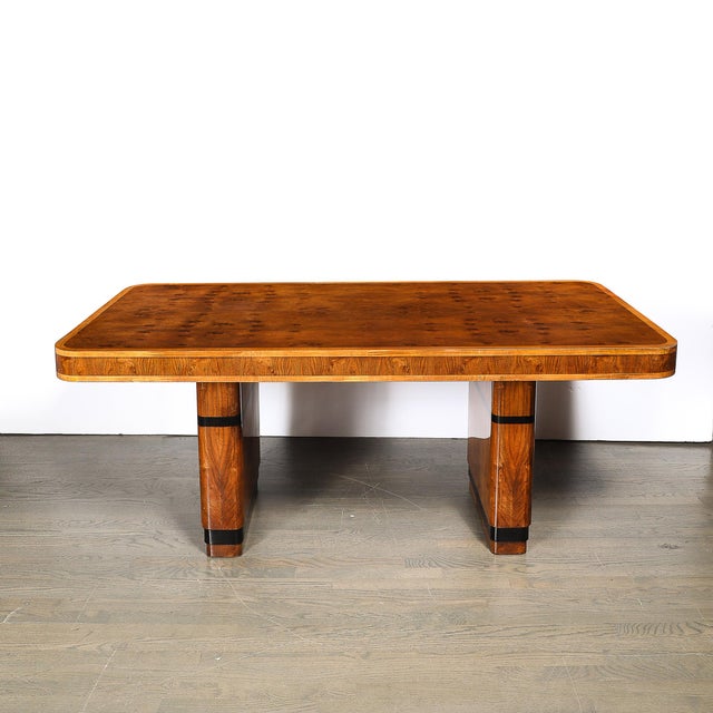 Wood Art Deco Streamlined Book-Matched & Burled Walnut W/ Black Lacquer Dining Table For Sale - Image 7 of 18