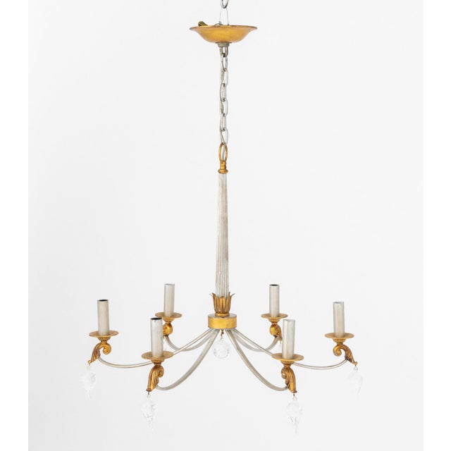 Modern Art Glass Gilt and Silvered Wood Six-Branch Chandelier, silvered wood fluted tapered column and six arms ending in...