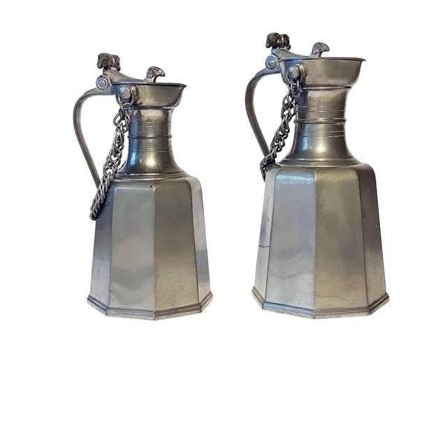 Two rare exceptional shaped collectible JPJ Geneve Fine Pewter Lidded Pitchers with Ram Heads. Taller one is 6.25 x 6.25 x...