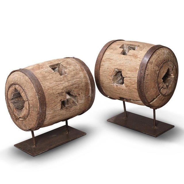 Authentic Vintage Wooden Cart Hub on Stand Sourced from Rajasthan and dating to the mid-20th century, these striking...