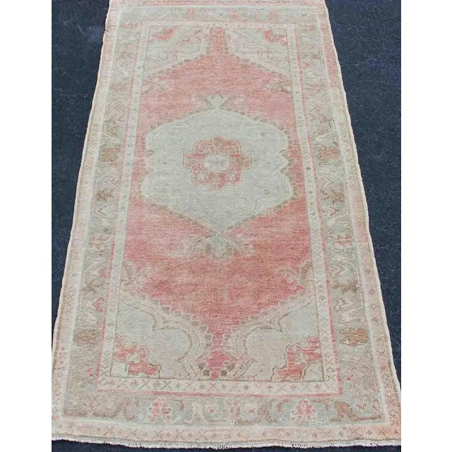 Mid 20th Century Vintage Turkish Oushak Medallion Rug in Soft Coral, Mint Green, and Beige Tones For Sale - Image 5 of 13