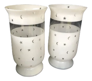 Moon & Stars Decorated Large Scale Frosted Glass Hurricane Shades - A Pair