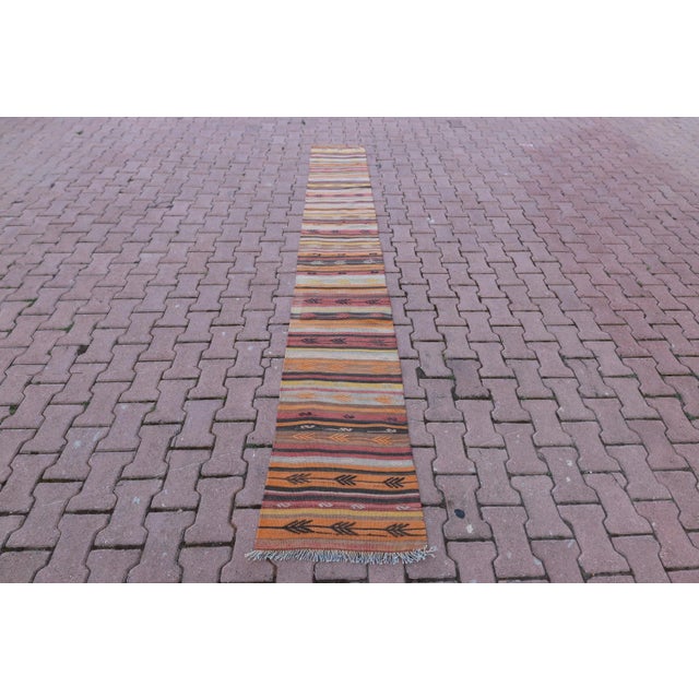 1960s Scandinavian Tribal Hand Knotted Colorful Striped Kilim Runner Rug For Sale - Image 13 of 13