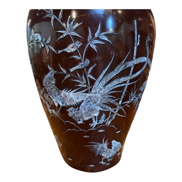 Asian 20th Century Asian Laquer and Mother of Pearl Inlay Vase For Sale - Image 3 of 9