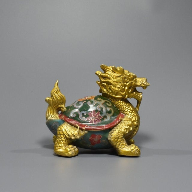 Gilt Bronze Cloisonné Enamel Dragon-Turtle Figure For Sale - Image 4 of 9