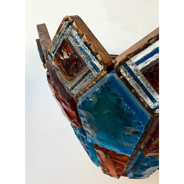 Amber Pair of Hammered Glass Wrought Iron Sconces by Longobard, Italy, 1970s For Sale - Image 8 of 12