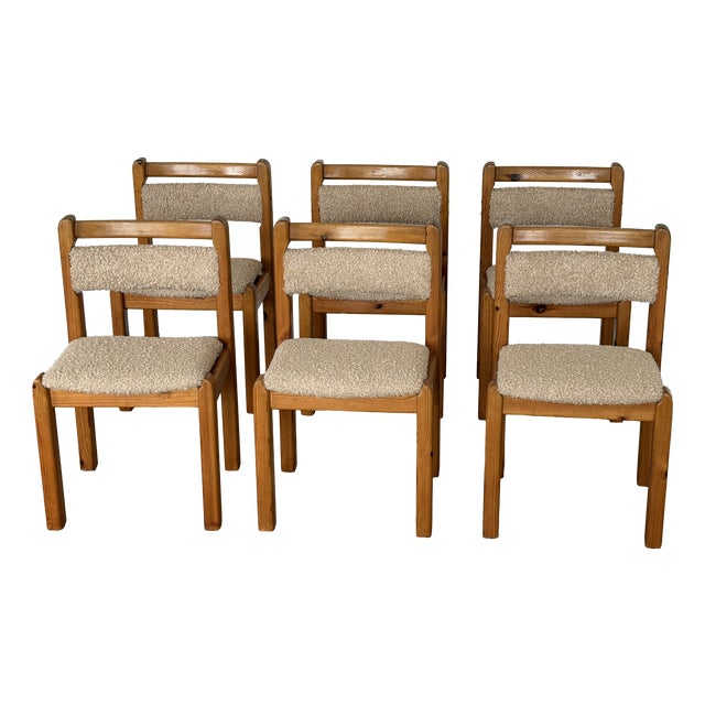 Danish Modern Brutalist Dining Chairs in Pine and Curly Bouclé, 1970s, Set of 6 For Sale