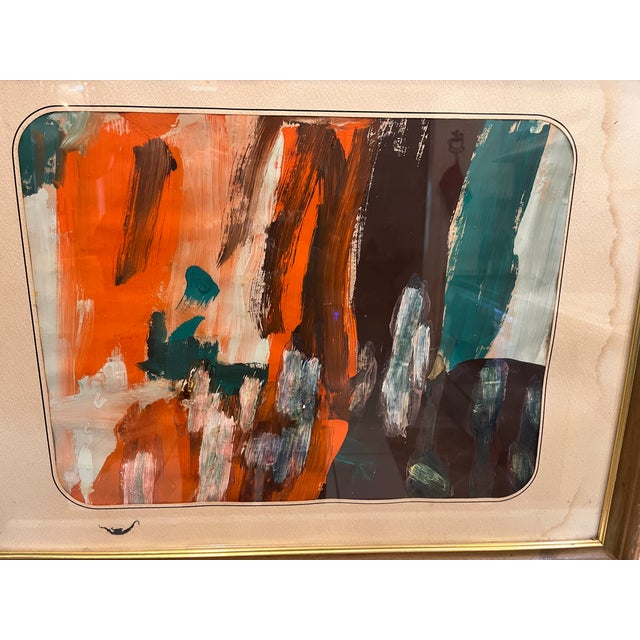 1970s Vintage Abstract Expressionist Painting in Orange, Teal & Brown, Framed For Sale - Image 5 of 6