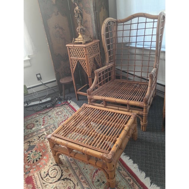 1950s Chippendale Rattan Wing Chair and Ottoman For Sale - Image 13 of 13