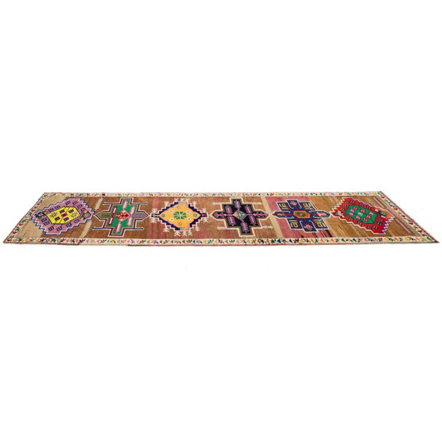 Mid-20th Century Brown Vintage Turkish Wool Runner Rug With Geometric Pattern For Sale In New York - Image 6 of 9