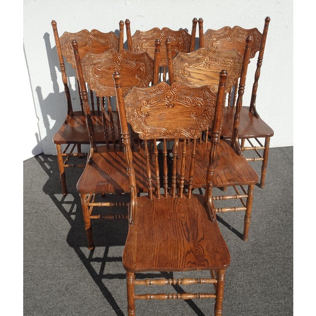 1970s Set of Six Vintage Oak Pressback Dining Room Chairs ~ French Country 2of 2 For Sale - Image 5 of 12