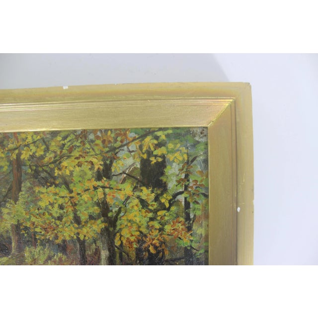 Antique Signed Oil Painting Impressionist Fall Landscape With Trees and Laneway Framed For Sale - Image 4 of 11