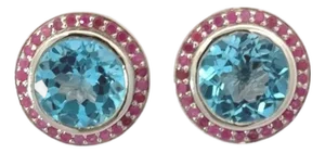 Retro Bezel Set Topaz and Halo Set Ruby Stud Earring in 925 Silver- 2 Piece