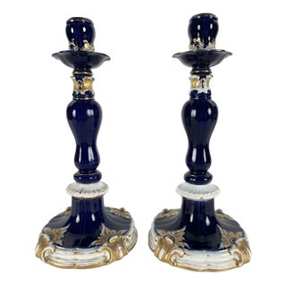 Blue and Gilt Candlesticks from Meissen, 19th Century, Set of 2 For Sale