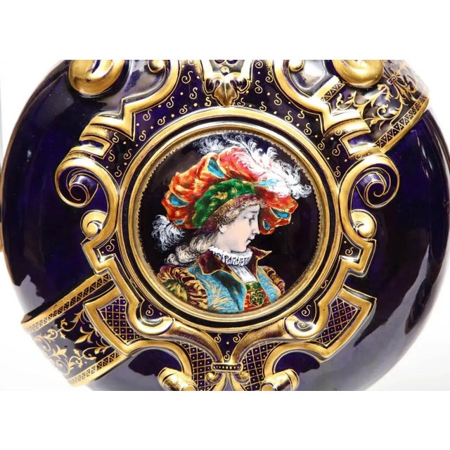 Pair of Late 19th Century Cobalt Blue Porcelain and Limoges Enamel Portrait Vases For Sale In Los Angeles - Image 6 of 12
