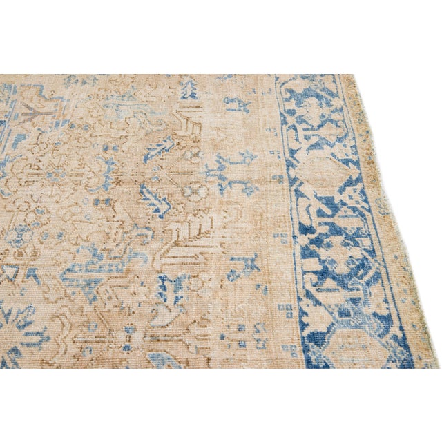 Antique Persian Heriz Beige Handmade Allover Geometric Wool Rug For Sale - Image 10 of 11