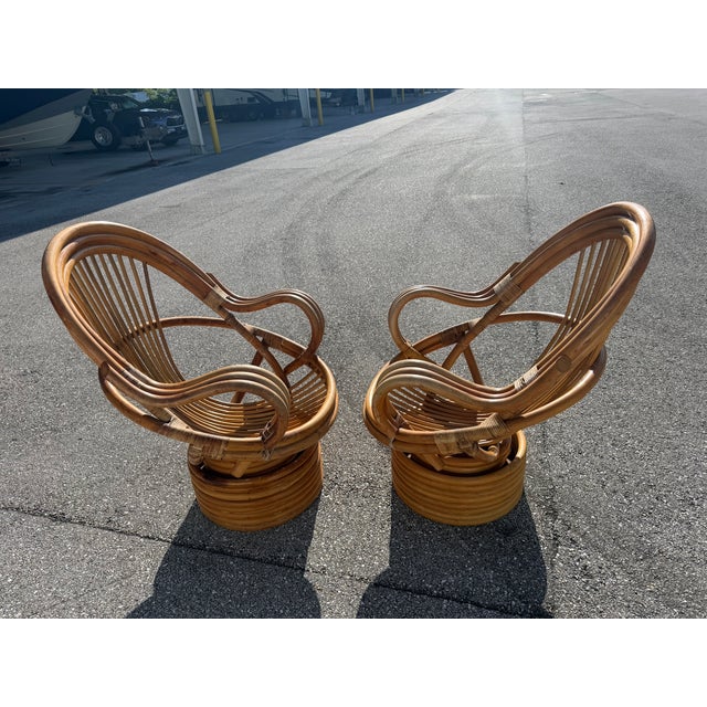 Vintage Rattan Swivel Rocker Lounge Chairs and One Ottoman Set For Sale - Image 11 of 18