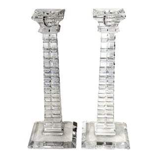 Mikasa Colosseum Lead Crystal Candlesticks Pair 10" Geometric Slovenia For Sale