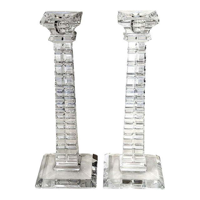 Mikasa Colosseum Lead Crystal Candlesticks Pair 10" Geometric Slovenia For Sale