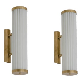 Vintage Art Deco Light Old Lamp Wall Sconces Fixture Brass & Milk Glass Rod Ship Light - Pair For Sale