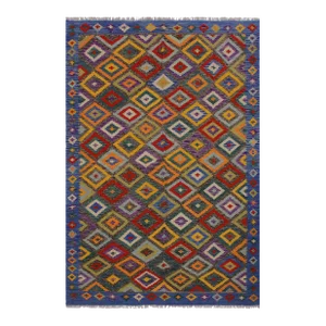 Southwestern Kilim Brown Blue Wool Rug - 5'6" X 8'1"