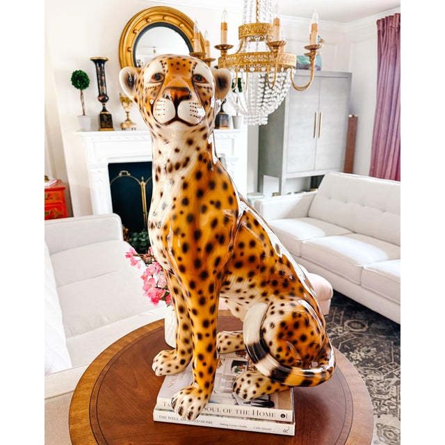 Vintage Large Scale Italian Glazed Porcelain Standing Leopard Statue For Sale - Image 9 of 9