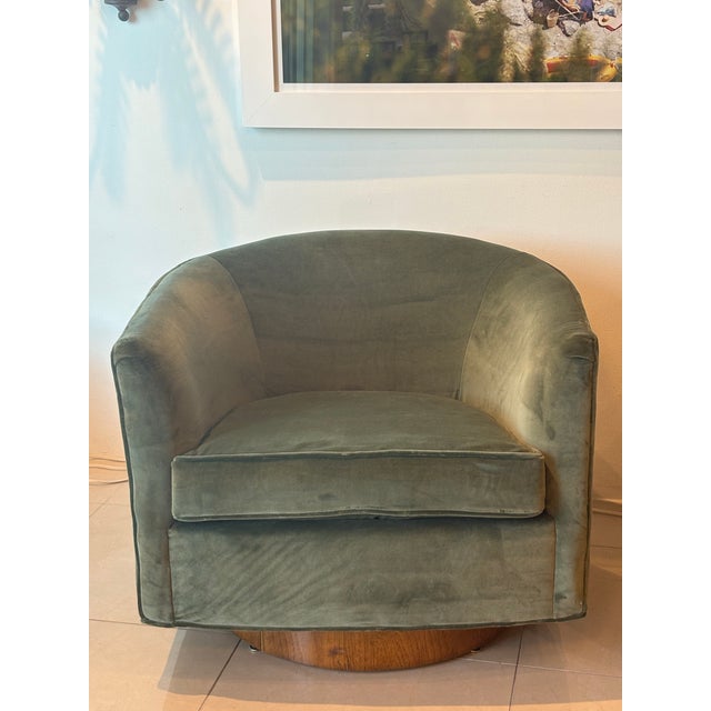 Vintage Pair Milo Baughman for Thayer Coggin Walnut & Green Velvet Swivel Chairs For Sale - Image 10 of 12