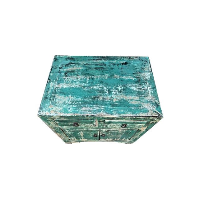 Oriental Distressed Teal Blue Green End Table Nightstand Chest For Sale - Image 4 of 5