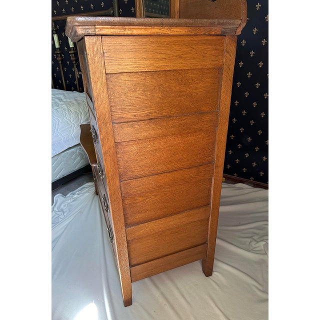 1900s Antique Oak Bi-Level Gentleman’s Dresser With Swivel Mirror For Sale - Image 9 of 12