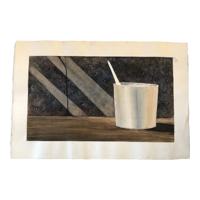 Original Vintage Modernist Watercolor Painting Pot With Brush Still Life For Sale