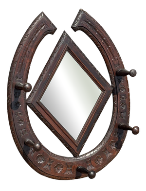 Victorian Horse Shoe-Shaped Wall Hanging Hat Rack and Mirror in Oak