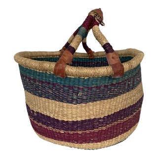 Vintage Round Bolga Market Basket With Handle For Sale