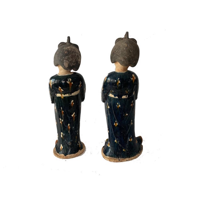 Ceramic Tang Style Chinese Court Ladies in Blue Dress Ceramic Glazed Terracotta Figurines 24"h For Sale - Image 7 of 8