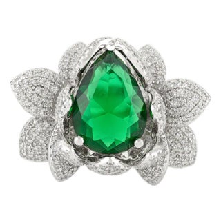 Carat&her Large Lotus Bonheur Ring With Pear Drop Gemstone & Cz Studded in Silver Size 7.5 For Sale