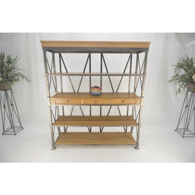 Tan Large Drexel Oak Shelves 5' Wide Iron Etagere Bakers Rack 3 Drawer Console For Sale - Image 8 of 8