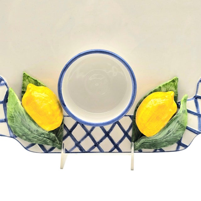 White Italian Lemon Ceramic Serving Tray With Blue Lattice Rim 15" For Sale - Image 8 of 14