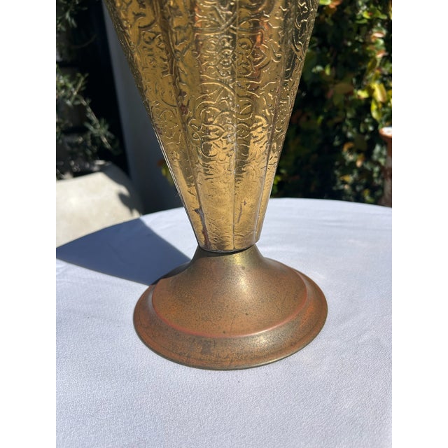Hollywood Regency Vintage Embossed Brass Umbrella Stand With Hook Handle For Sale - Image 3 of 16