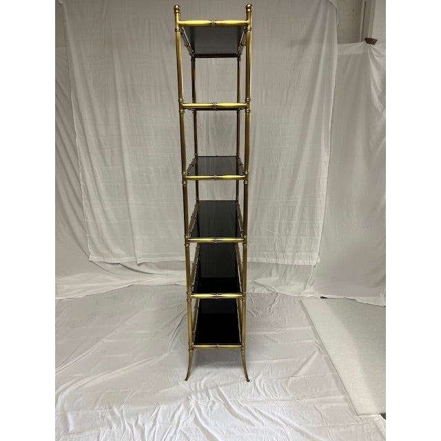 1970s Pair of Custom Heavy Gage Brass & Smoked Glass Faux Bamboo Etageres Shelves For Sale - Image 4 of 6